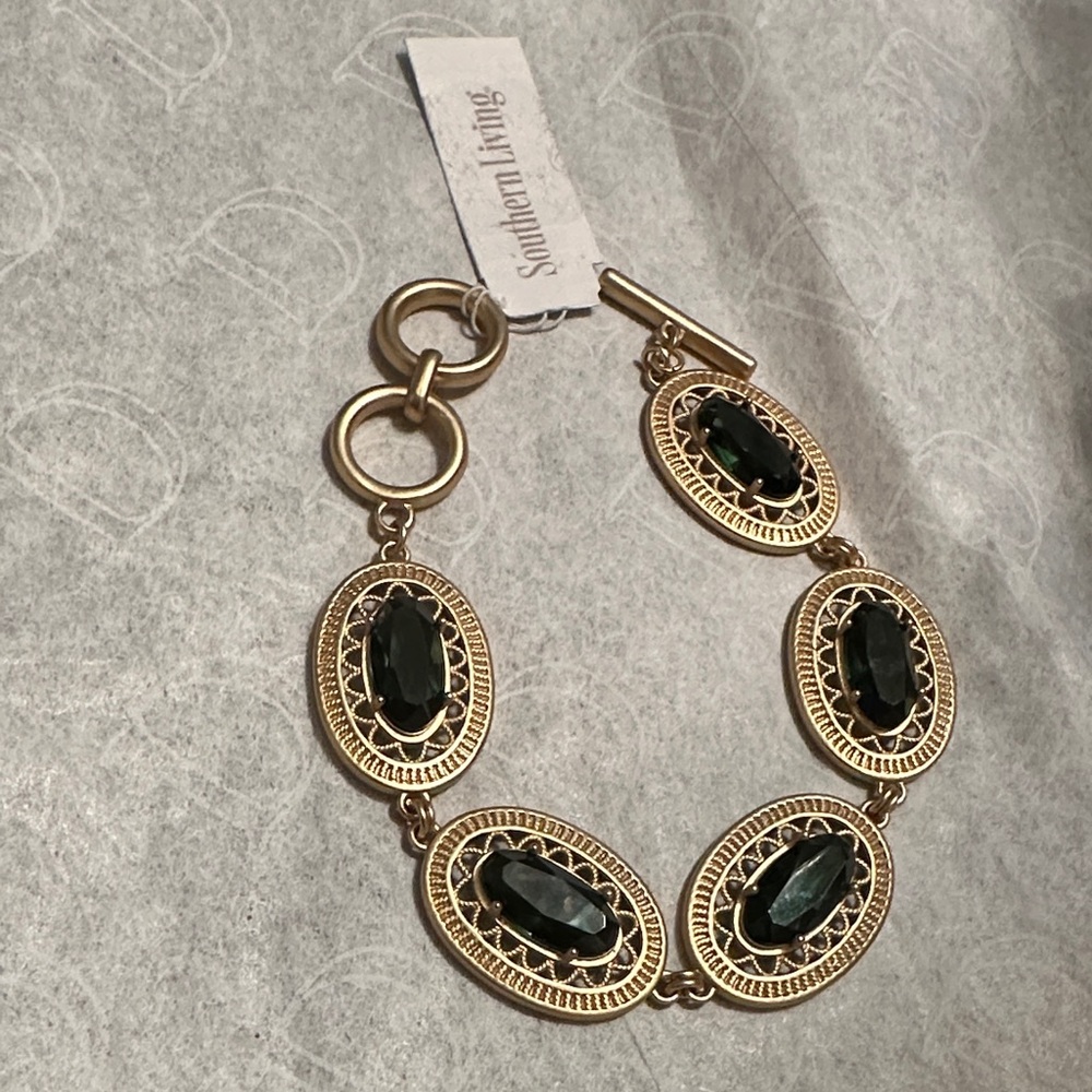 Gold and dark green stones Bracelet 8 inches